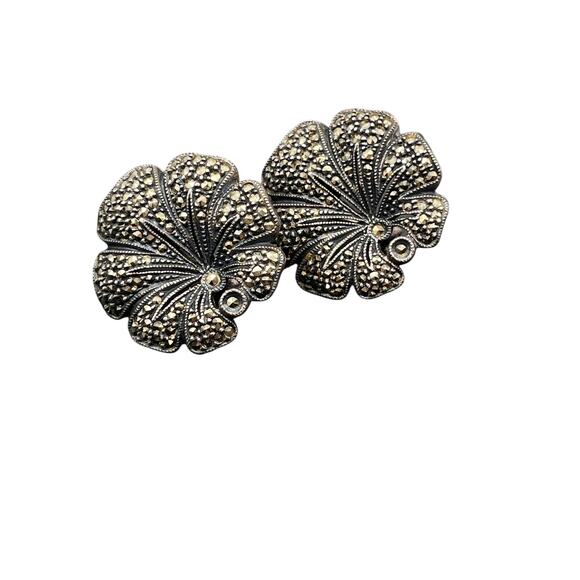 Judith Jack 925 Sterling Marcasite
Lotus Floral Omega Back Pierced 
Earrings - Picture 1 of 11